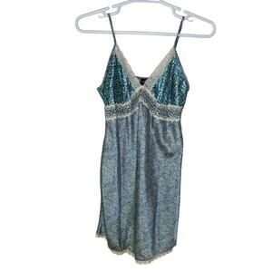 Vintage Y2K Secret Pleasures Women Large Baby Doll Slip Dress Leopard Blue White